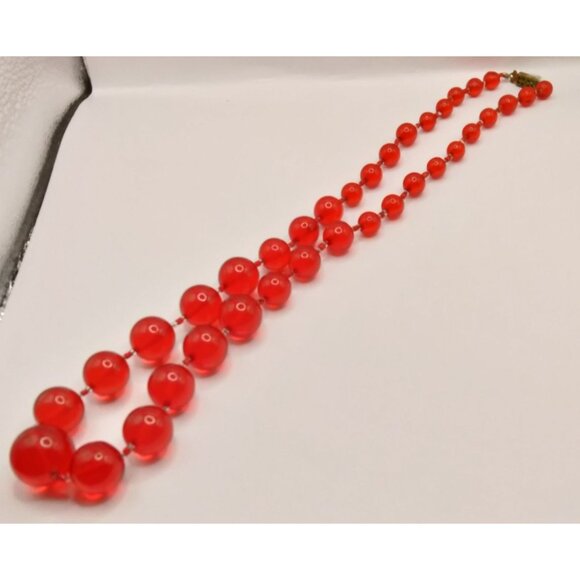 Acrylic Red Bead Necklace Handmade Vintage Womens Jewelry 22 Inch - Picture 1 of 6